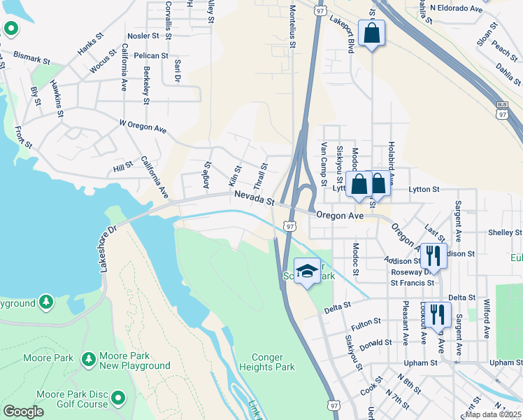 map of restaurants, bars, coffee shops, grocery stores, and more near 32 Nevada Street in Klamath Falls