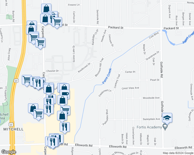 map of restaurants, bars, coffee shops, grocery stores, and more near 4424 Blossom Hill Trail in Ann Arbor