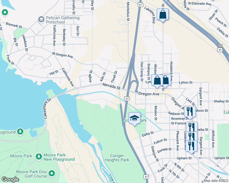 map of restaurants, bars, coffee shops, grocery stores, and more near 28 Nevada Street in Klamath Falls