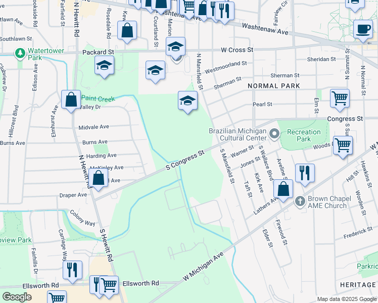 map of restaurants, bars, coffee shops, grocery stores, and more near 1520 South Congress Street in Ypsilanti