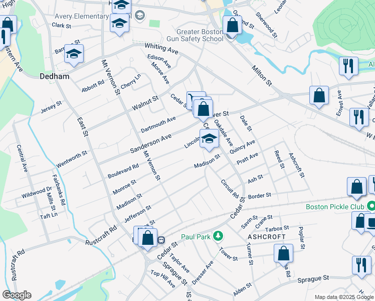map of restaurants, bars, coffee shops, grocery stores, and more near 83 Monroe Street in Dedham