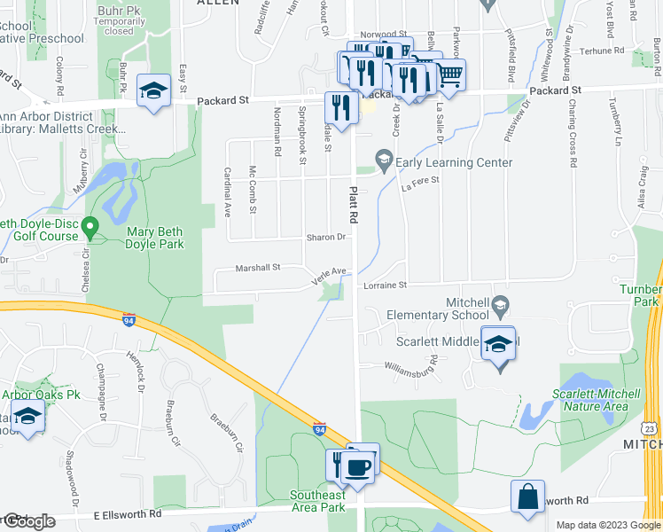 map of restaurants, bars, coffee shops, grocery stores, and more near 2979 Verle Avenue in Ann Arbor