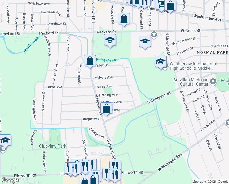 map of restaurants, bars, coffee shops, grocery stores, and more near 2018 Harding Avenue in Ypsilanti