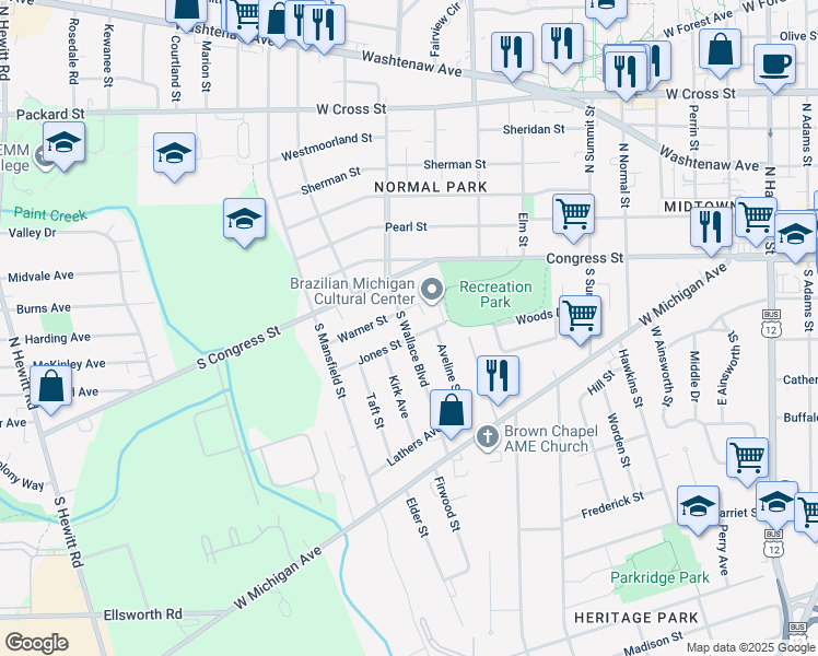 map of restaurants, bars, coffee shops, grocery stores, and more near 111 South Wallace Boulevard in Ypsilanti