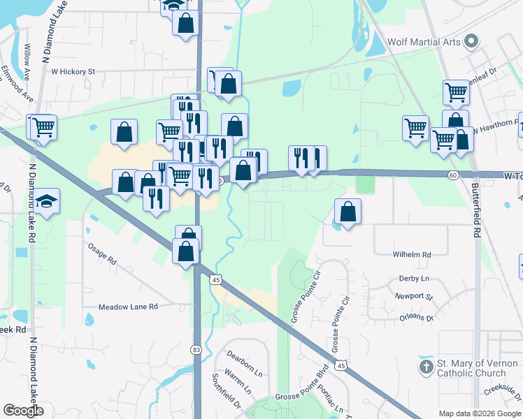 map of restaurants, bars, coffee shops, grocery stores, and more near 46 Oak Creek Plaza in Mundelein