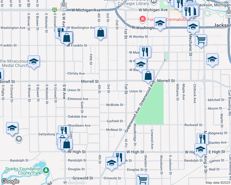 map of restaurants, bars, coffee shops, grocery stores, and more near 505 Union Street in Jackson