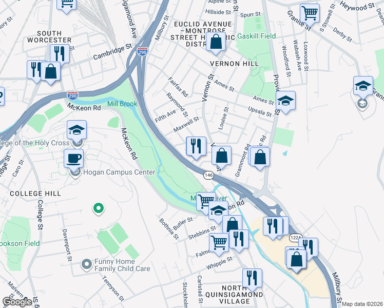 map of restaurants, bars, coffee shops, grocery stores, and more near 688 Millbury Street in Worcester
