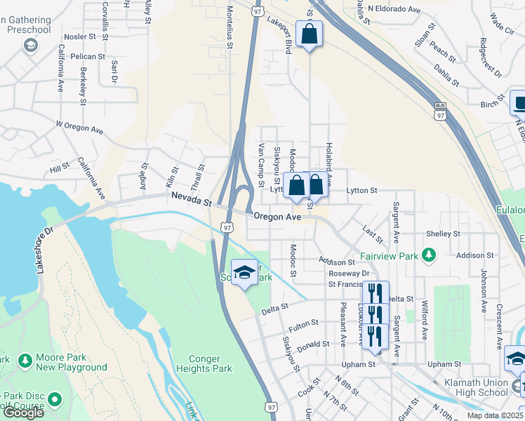 map of restaurants, bars, coffee shops, grocery stores, and more near 2309 Oregon Avenue in Klamath Falls