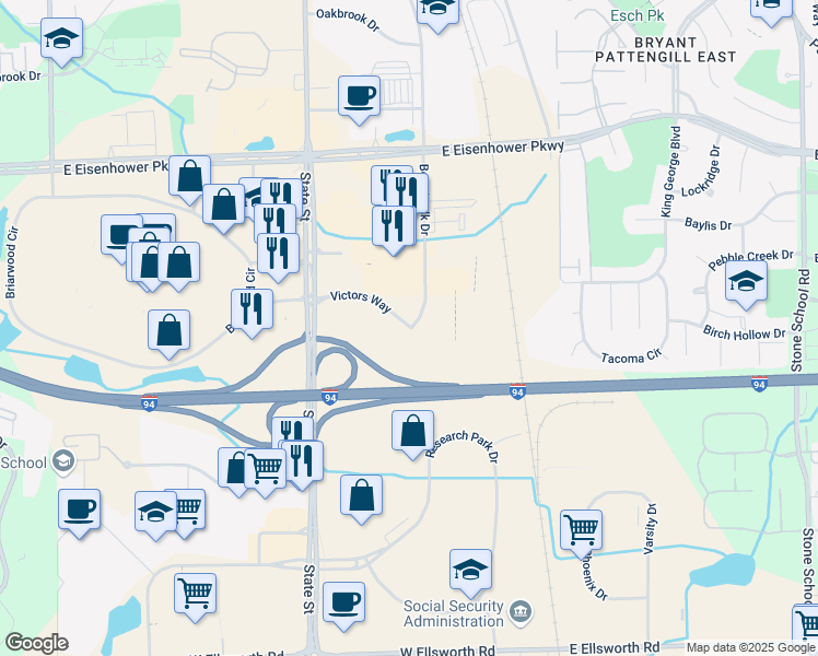 map of restaurants, bars, coffee shops, grocery stores, and more near 899 Victors Way in Ann Arbor