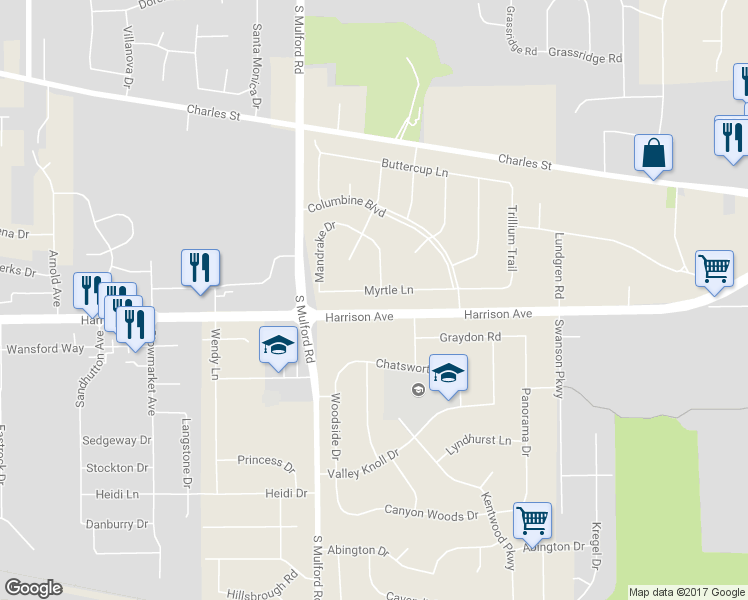 map of restaurants, bars, coffee shops, grocery stores, and more near 6157 Myrtle Lane in Rockford