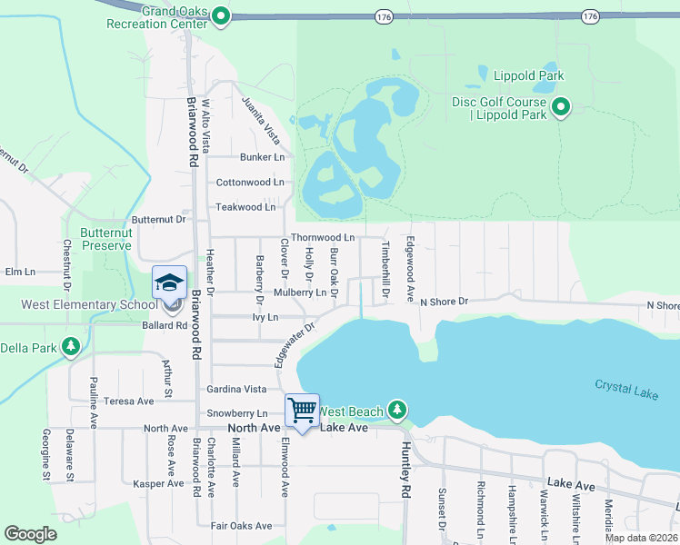 map of restaurants, bars, coffee shops, grocery stores, and more near 1246 Pinewood Drive in Crystal Lake