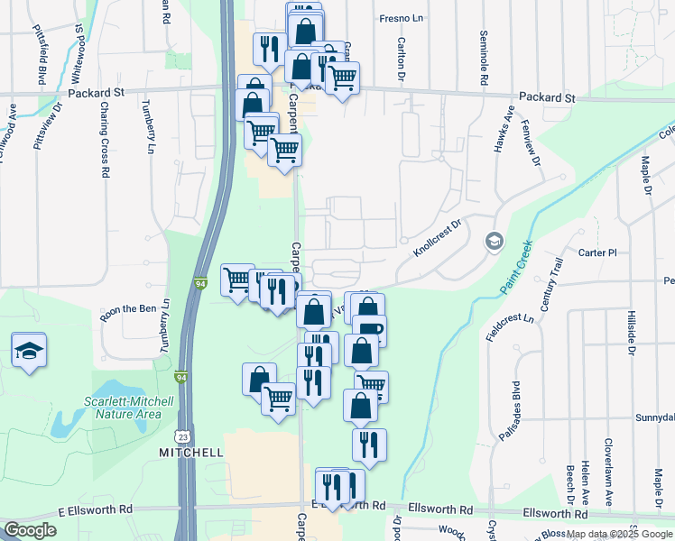 map of restaurants, bars, coffee shops, grocery stores, and more near 26 South Drive in Ann Arbor