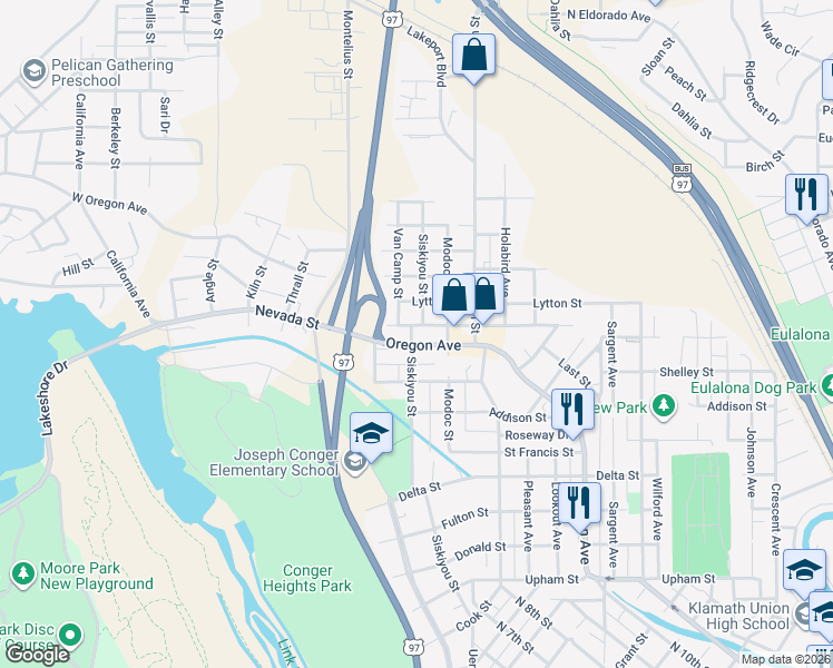 map of restaurants, bars, coffee shops, grocery stores, and more near in Klamath Falls