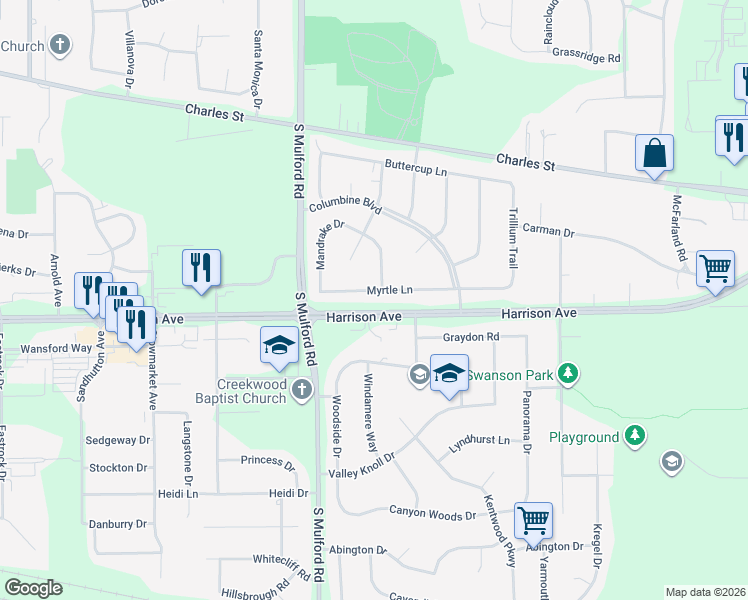 map of restaurants, bars, coffee shops, grocery stores, and more near 6157 Myrtle Lane in Rockford
