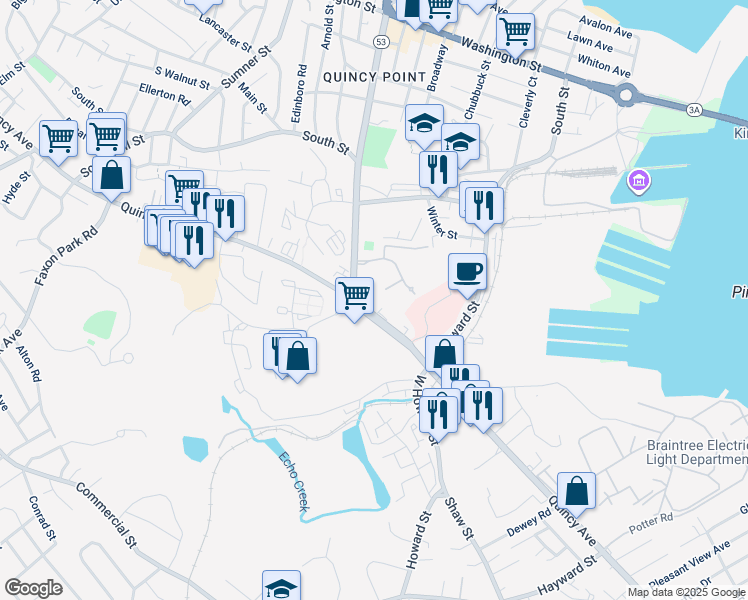 map of restaurants, bars, coffee shops, grocery stores, and more near in Quincy