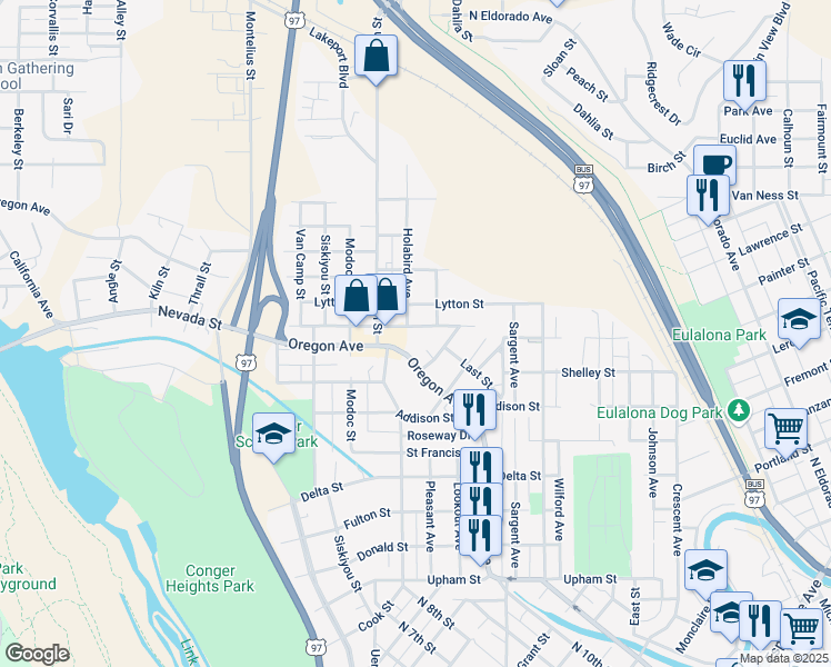 map of restaurants, bars, coffee shops, grocery stores, and more near 1936 Harriman Street in Klamath Falls