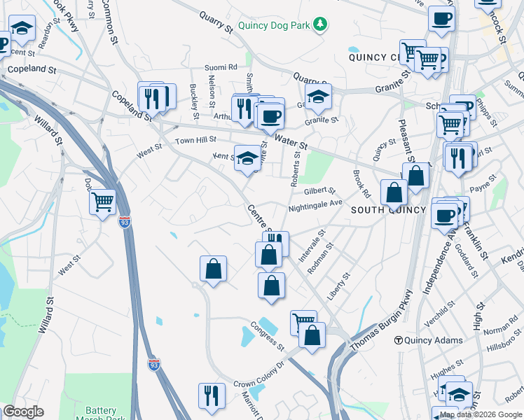 map of restaurants, bars, coffee shops, grocery stores, and more near 205 Centre Street in Quincy