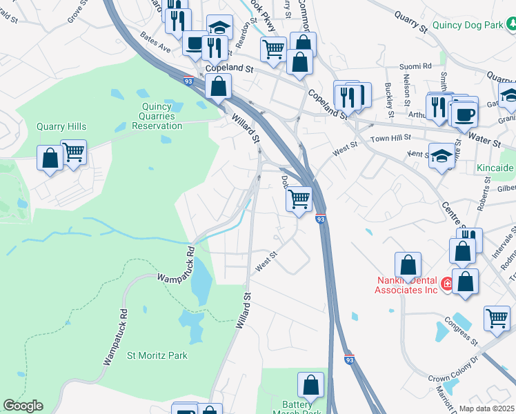 map of restaurants, bars, coffee shops, grocery stores, and more near 548 Willard Street in Quincy