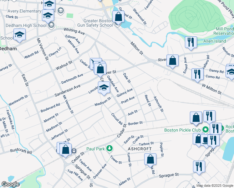 map of restaurants, bars, coffee shops, grocery stores, and more near 174 Quincy Avenue in Dedham