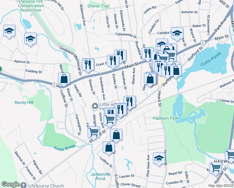 map of restaurants, bars, coffee shops, grocery stores, and more near 79 Eureka Street in Worcester