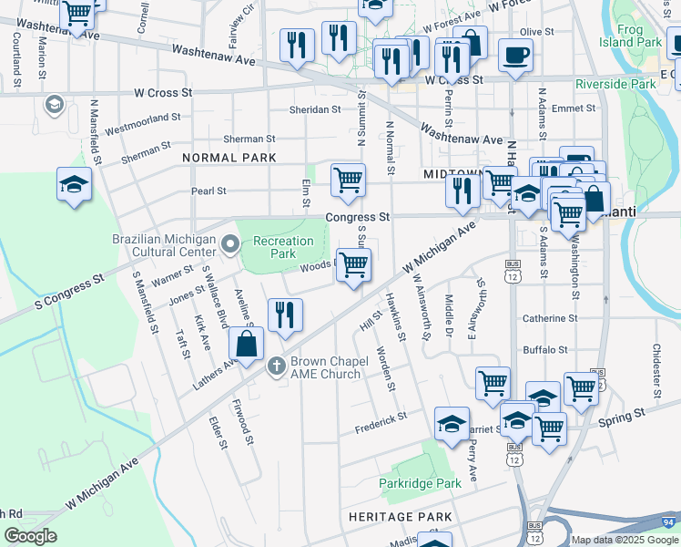map of restaurants, bars, coffee shops, grocery stores, and more near 52 South Summit Street in Ypsilanti