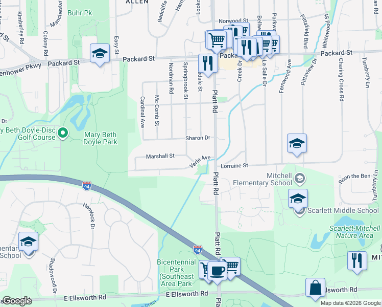 map of restaurants, bars, coffee shops, grocery stores, and more near 2970 Verle Avenue in Ann Arbor