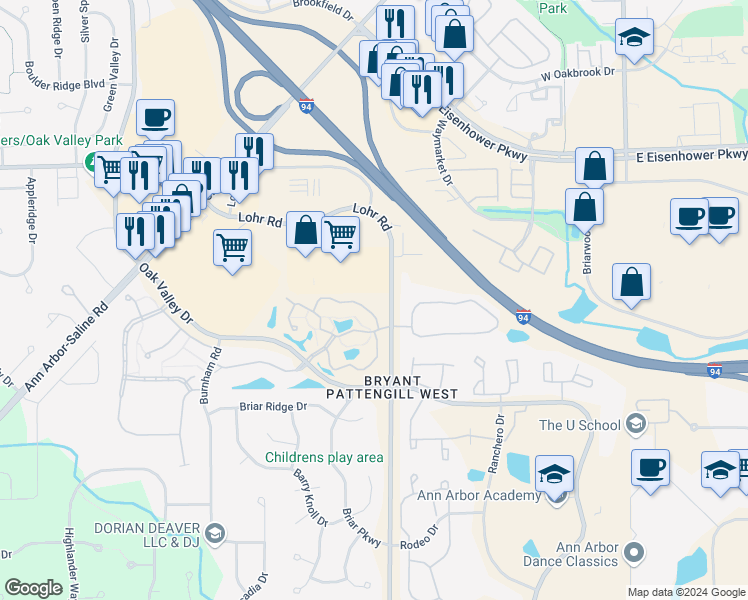 map of restaurants, bars, coffee shops, grocery stores, and more near 1510 Long Meadow Trail Drive in Ann Arbor