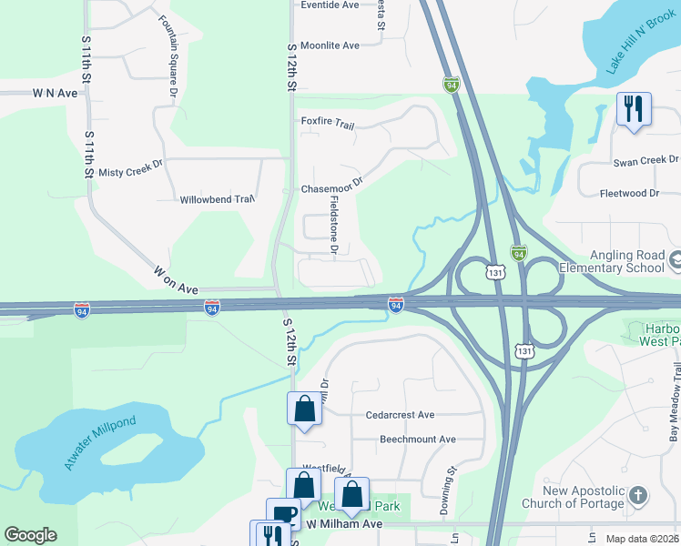 map of restaurants, bars, coffee shops, grocery stores, and more near 4805 Fox Valley Drive in Portage