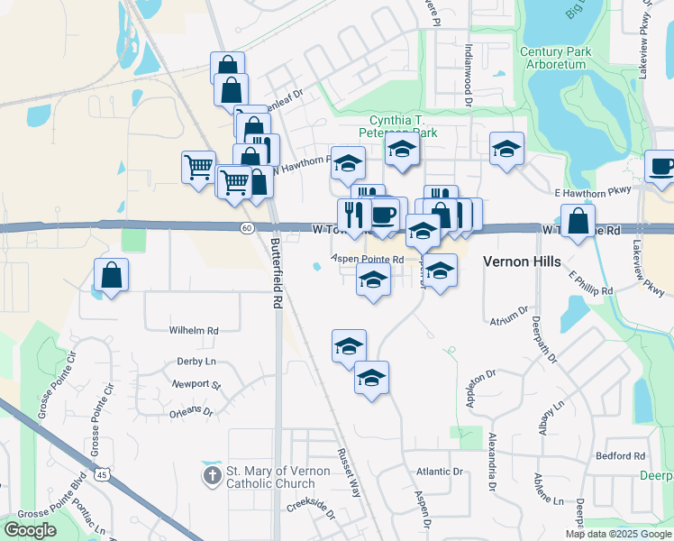 map of restaurants, bars, coffee shops, grocery stores, and more near 309 Alpine Springs Drive in Vernon Hills