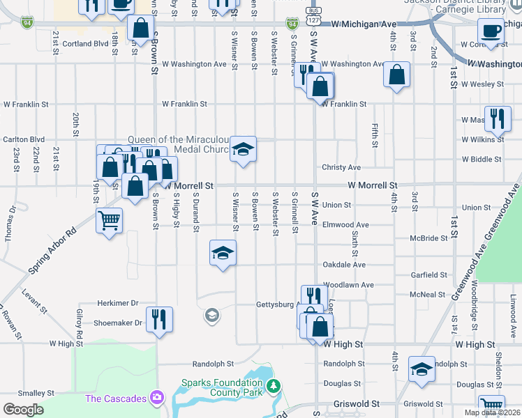 map of restaurants, bars, coffee shops, grocery stores, and more near 1011 Union Street in Jackson