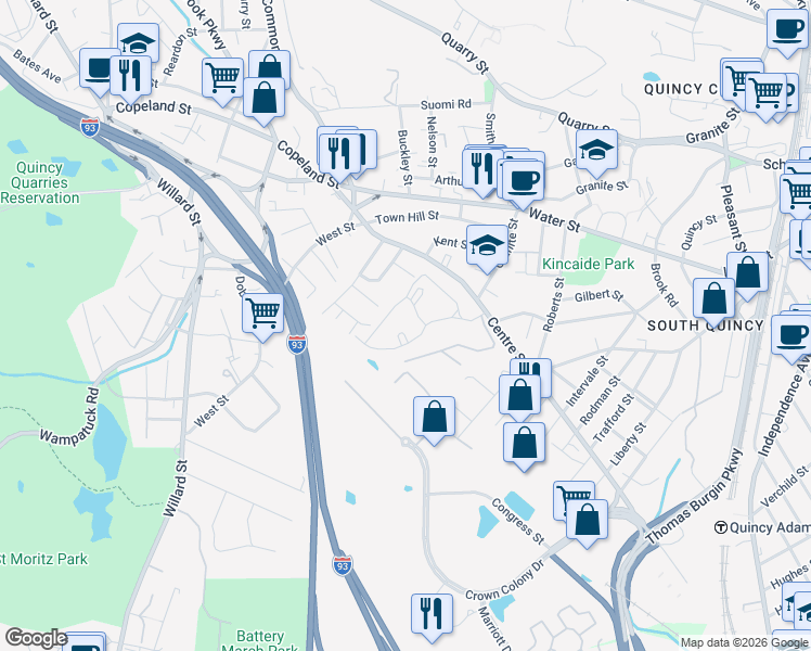 map of restaurants, bars, coffee shops, grocery stores, and more near 175 Centre Street in Quincy