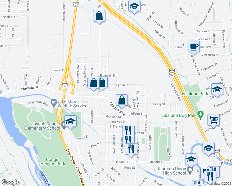 map of restaurants, bars, coffee shops, grocery stores, and more near 648 Prescott Street in Klamath Falls