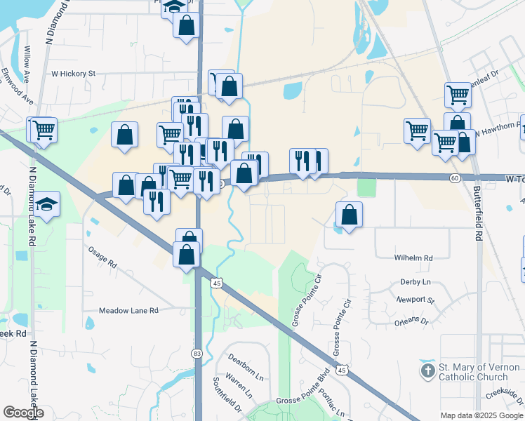 map of restaurants, bars, coffee shops, grocery stores, and more near 46 Oak Creek Plaza in Mundelein