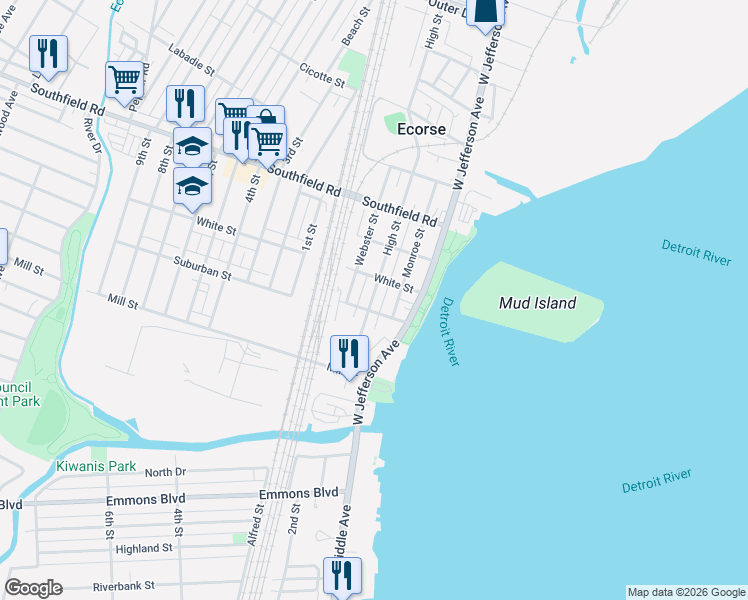 map of restaurants, bars, coffee shops, grocery stores, and more near 4581 High Street in Ecorse