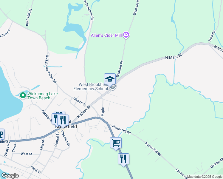 map of restaurants, bars, coffee shops, grocery stores, and more near 89 North Main Street in West Brookfield