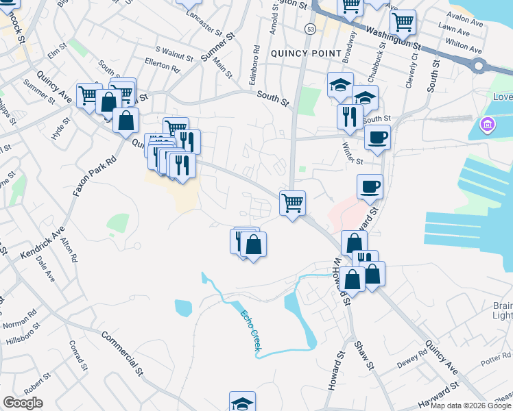 map of restaurants, bars, coffee shops, grocery stores, and more near 200 Falls Boulevard in Quincy