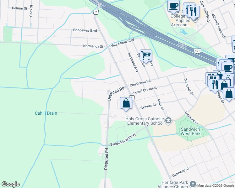 map of restaurants, bars, coffee shops, grocery stores, and more near in Windsor