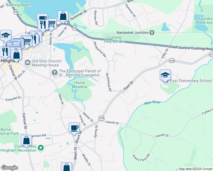 map of restaurants, bars, coffee shops, grocery stores, and more near 8 Rockwood Road in Hingham
