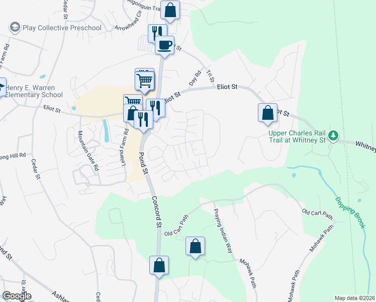map of restaurants, bars, coffee shops, grocery stores, and more near 276 Trailside Way in Ashland