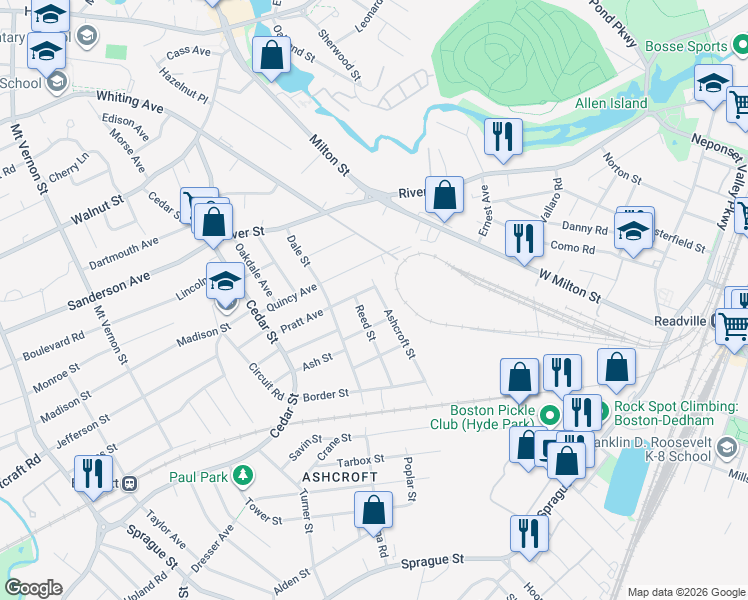 map of restaurants, bars, coffee shops, grocery stores, and more near 31 Ashcroft Street in Dedham