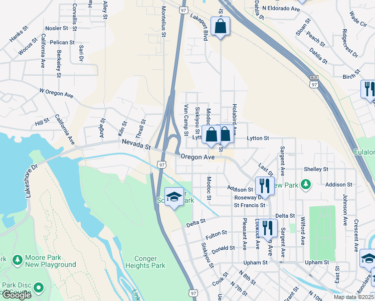 map of restaurants, bars, coffee shops, grocery stores, and more near 214 Prescott Street in Klamath Falls