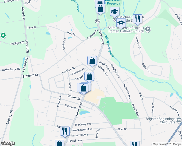 map of restaurants, bars, coffee shops, grocery stores, and more near 532 Newton Street in South Hadley