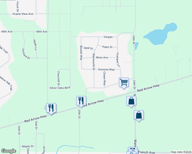 map of restaurants, bars, coffee shops, grocery stores, and more near 49655 Wentworth Drive in Mattawan