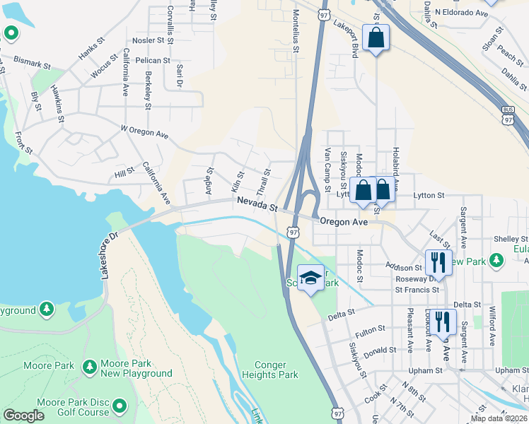 map of restaurants, bars, coffee shops, grocery stores, and more near 18 Nevada Street in Klamath Falls