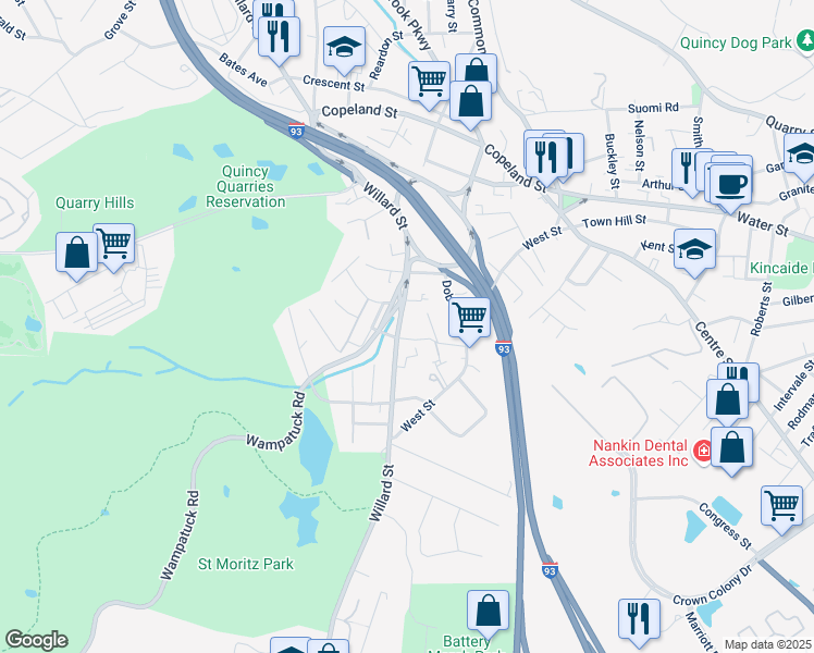 map of restaurants, bars, coffee shops, grocery stores, and more near 548 Willard Street in Quincy