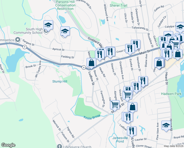 map of restaurants, bars, coffee shops, grocery stores, and more near 8A Ludlow Street in Worcester