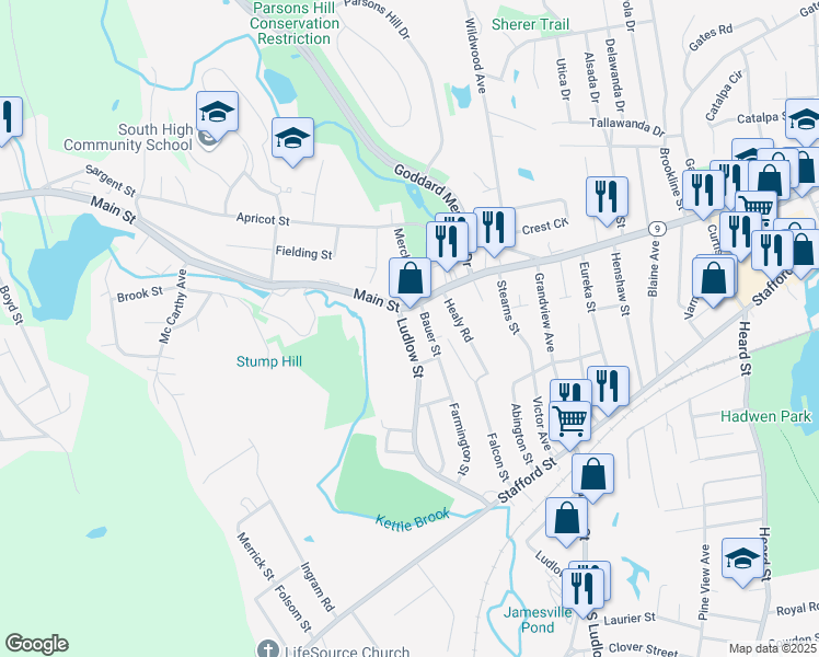 map of restaurants, bars, coffee shops, grocery stores, and more near 8A Ludlow Street in Worcester