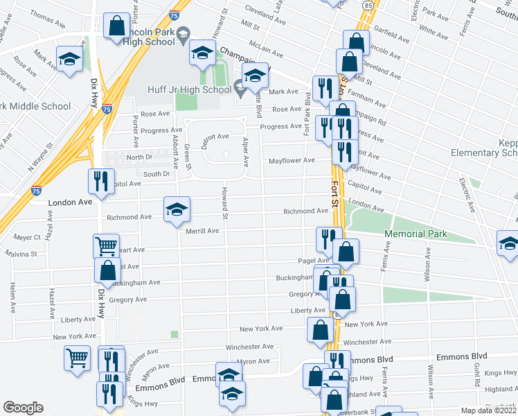 map of restaurants, bars, coffee shops, grocery stores, and more near 1523 Richmond Avenue in Lincoln Park