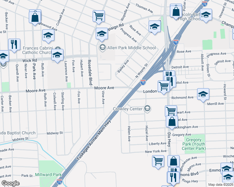 map of restaurants, bars, coffee shops, grocery stores, and more near 2235 Moore Road in Lincoln Park