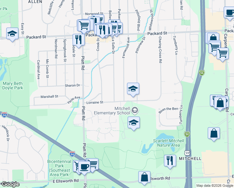 map of restaurants, bars, coffee shops, grocery stores, and more near 3483 La Salle Drive in Ann Arbor